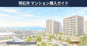 明石市のマンション相場ガイド｜駅前に分譲マンションが並ぶ街並みのイラスト