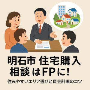 明石市で住宅購入を検討する夫婦が、ファイナンシャルプランナーに相談しているイラスト。