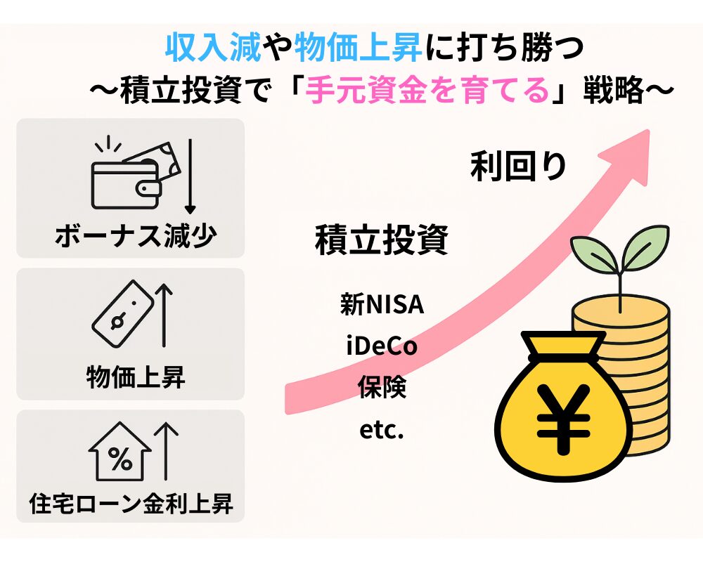 An illustration of how to make your home fund more affordable through installment investment | マイホーム購入の相談窓口(株式会社Erwin) 住宅資金 積立投資 で余裕を持たせる方法の図解