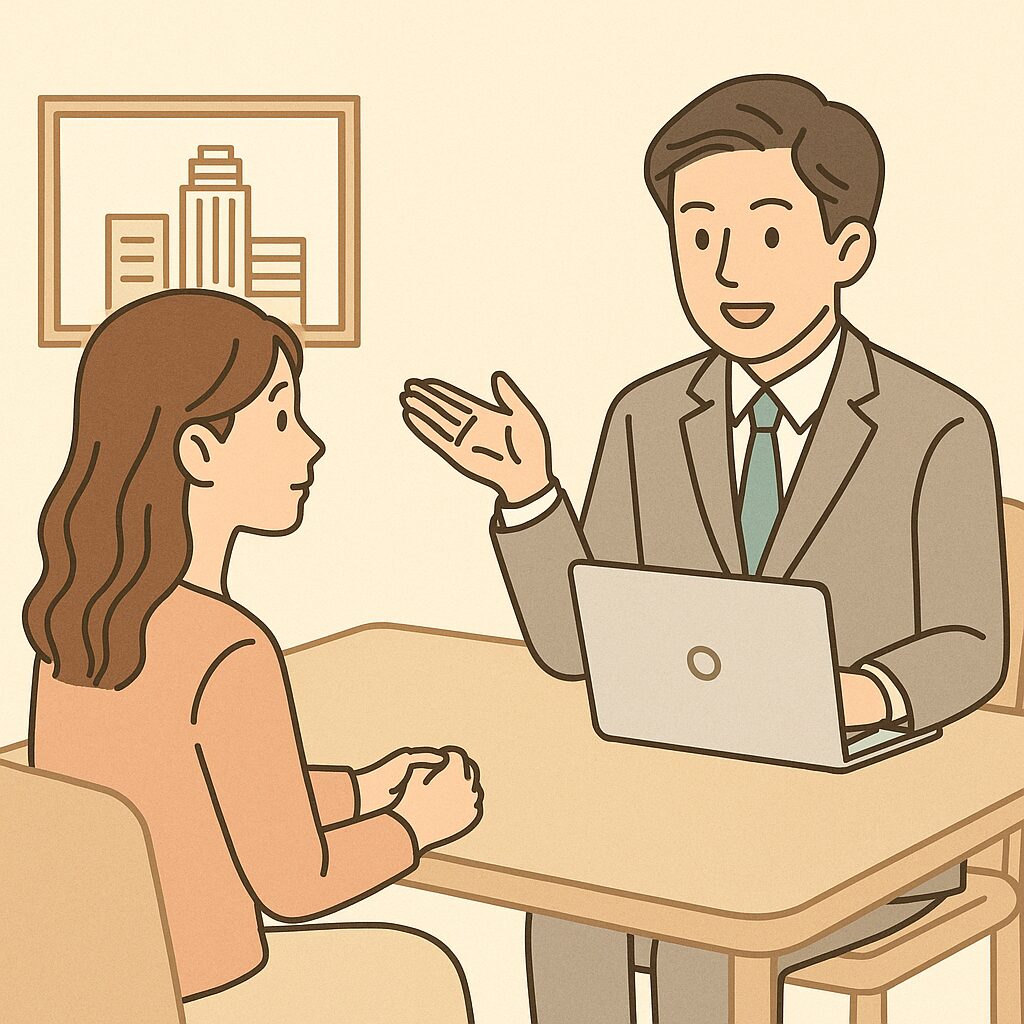 osaka-city-used-condominium-purchase-consultation-fp-illustration | マイホーム購入の相談窓口(株式会社Erwin) 大阪市 中古マンション 購入相談をする女性とファイナンシャルプランナーのイラスト(文字なし)