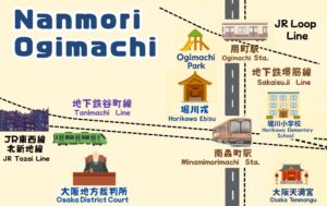 大阪市北区の南森町・扇町駅周辺を描いたイラストマップ。堀川小学校、大阪天満宮、扇町公園など生活施設もわかりやすく表現。