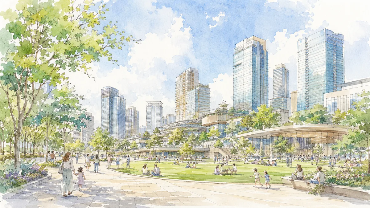 うめきた再開発（グラングリーン大阪）を思わせる公園と高層タワーのある大阪市北区の街並み