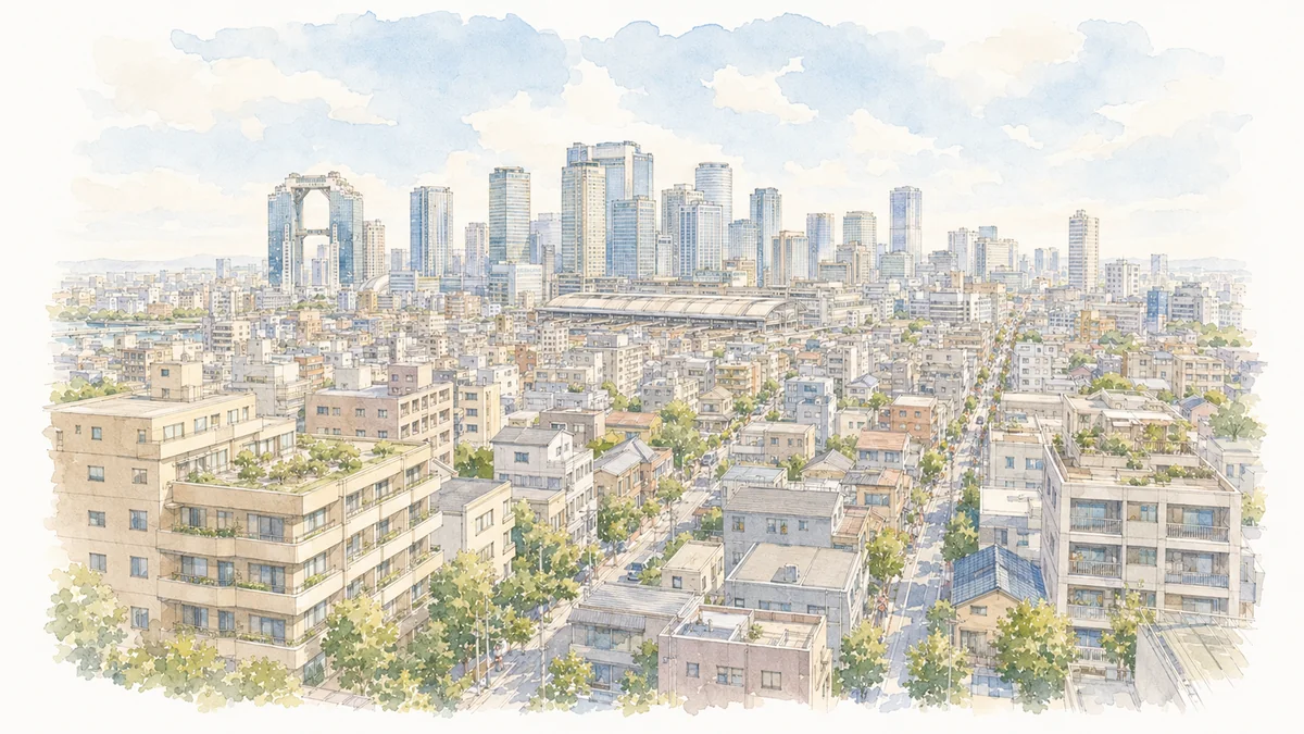 梅田の高層ビル群と手前に広がる中低層マンション・住宅街を望む大阪市北区の街並み