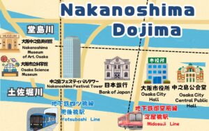 大阪・中之島と堂島周辺をイラストで描いた地図。中之島公園、国立国際美術館、大阪市役所、肥後橋駅、渡辺橋駅など主要施設や交通アクセスを手描き風に表現。ビジネスと文化が融合する街並みを視覚的に伝えるマップ