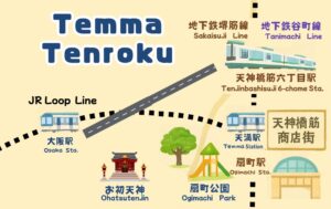 天満・天神橋筋六丁目エリアの周辺地図。JR大阪駅、天満駅、扇町駅、天神橋筋六丁目駅を中心に、扇町公園や天神橋筋商店街などの生活利便施設をイラスト風に描いた不動産エリアマップ。
