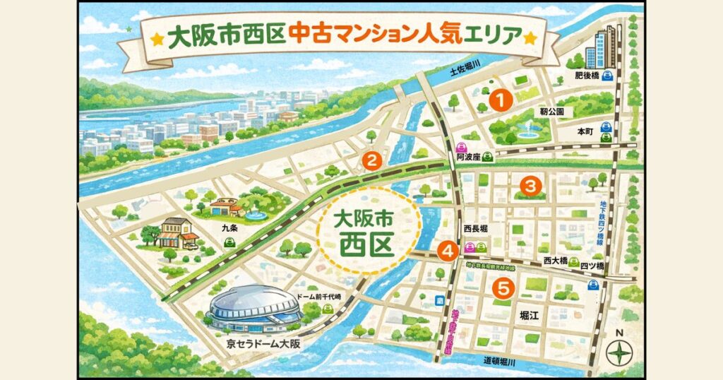 大阪市西区の中古マンション人気エリアマップ(堀江・靭公園・肥後橋・阿波座・九条)