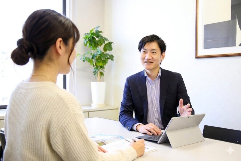 明るいオフィスで、笑顔で説明する株式会社Erwin代表取締役の[代表者名]。対面には、資料を確認しながら話を聞く女性のお客様がいる。