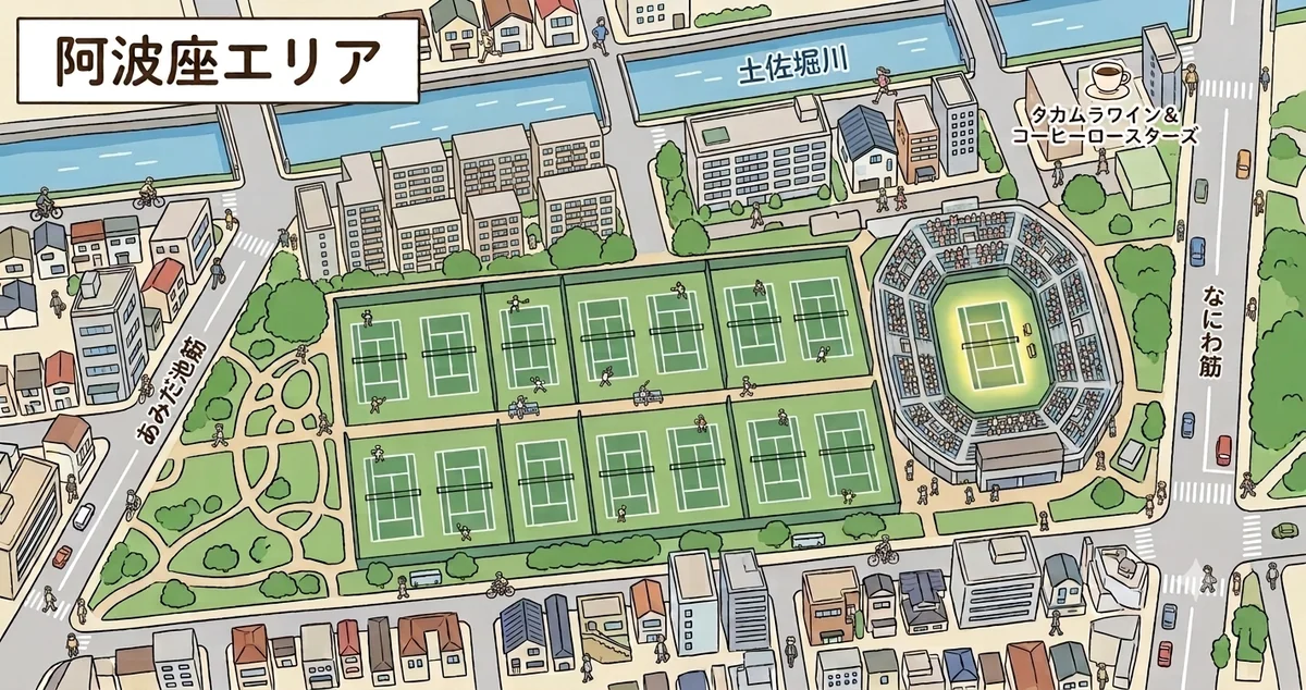 阿波座エリアの俯瞰イラストマップ。靭公園のテニスコートと土佐堀川、周辺のマンション（大阪市西区）