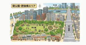 靭公園・肥後橋エリアの街並みと中古マンション（大阪市西区）