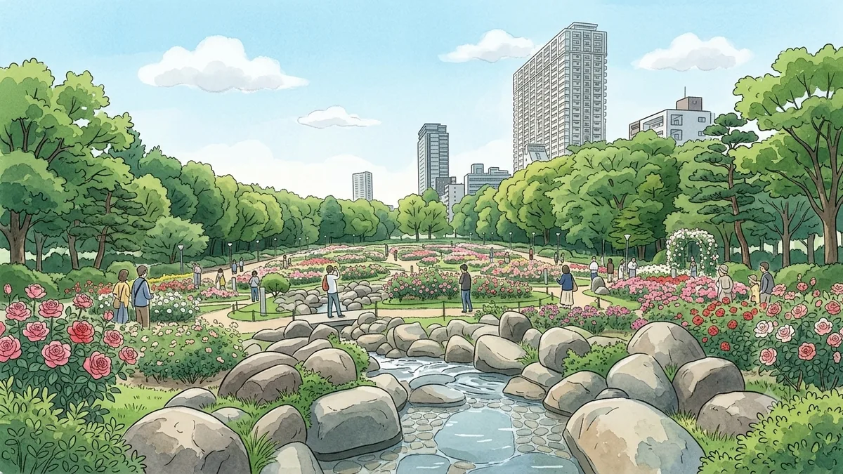 靭公園のバラ園と周辺のマンション(大阪市西区)